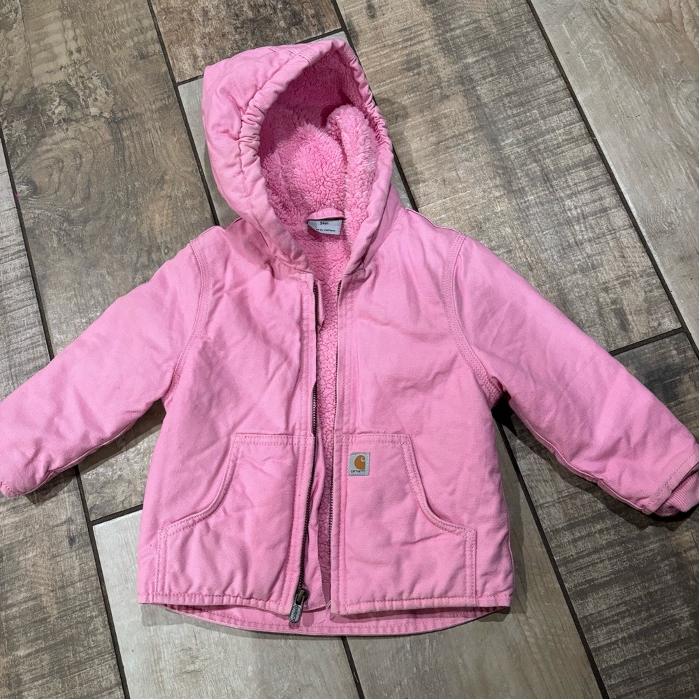 Carhartt 24 Months Baby Girl's Sherpa-Lined Hooded Canvas Zip-Up Jacket, Pink